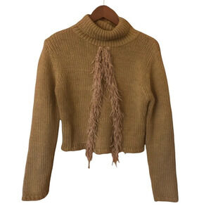 Boho Western Tan Cropped fringe chunky knit mock neck sweater